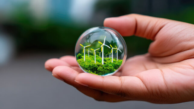 Hand holding a tiny transparent globe filled with green wind turbines, symbolizing green finance, clean commercial background