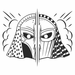 Minimilist stylized tribal mask with geometric patterns and cloud like shapes in a black and white drawing vector