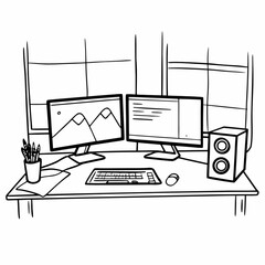 Minimilist illustration of a desk setup with dual monitors keyboard mouse speakers and window background visible vector