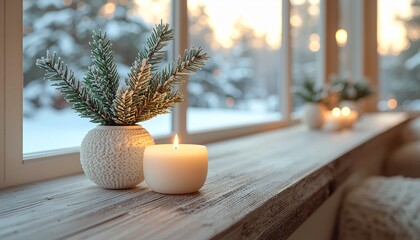 Scandinavian minimalist Christmas background, neutral tones, wooden texture, pine branches, cozy candlelight atmosphere