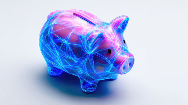 Glowing neural grid surrounding a digital piggy bank, concept of AI savings automation, bright white background - Powered by Adobe