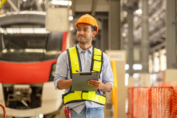 Electric train technician engineer checking controls system for security functions in maintenance infrastructure plant of sky train, public transportation vehicle,Teamwork management concept.