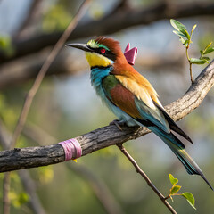 Colorful european bee eater perched on a branch with a pink bow and wrapped pink ribbon on it