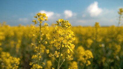 Obraz premium Detailed view of blossoming canola blossoms in a vivid yellow field under summer sunlight, highlighting the bright rapeseed oil.