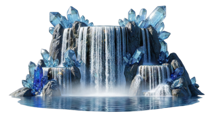 Enchanting Crystal Waterfall with Blue Gemstones and Reflective Pool.