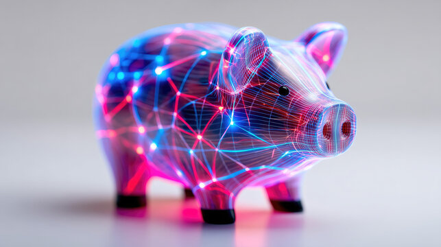 Glowing neural grid surrounding a digital piggy bank, concept of AI savings automation, bright white background