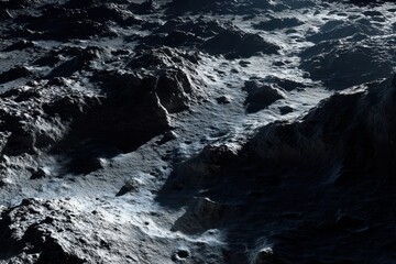 Celestial surface with craters and textures showcasing depth in gray and black tones, evoking feelings of desolation and vastness for space enthusiasts and scientific exploration themes