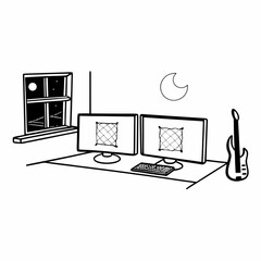 Minimilist illustration of a desk with two monitors a keyboard a guitar a window and a moon in the background vector