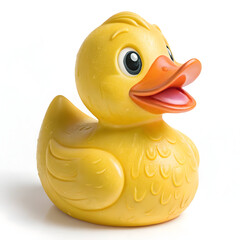 A single yellow rubber duck with an orange beak and pink tongue on a white background studio shot