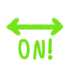 Hand-drawn illustration of an arrow ON! in crayon. Doodle of a green horizontal arrow pointing right and left.

