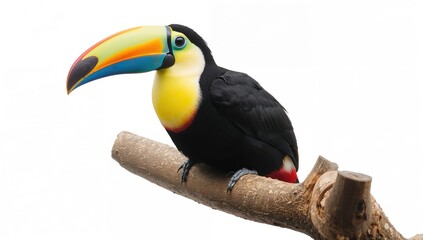 Obraz premium Toco toucan perched on a tree limb against a plain white backdrop