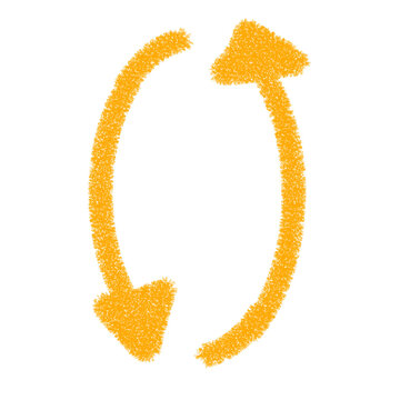 Yellow vertical clockwise arrow doodle hand-drawn in crayon. Yellow refresh/reload arrow illustration. Recycle and repeat arrow icon.
