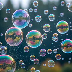 A captivating display of iridescent soap bubbles floating against a blurred nature background
