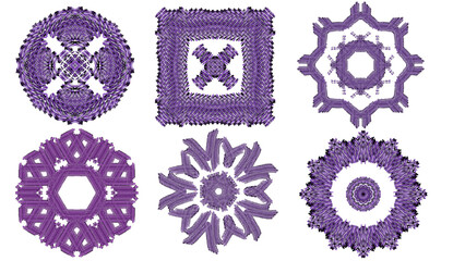 Collection of six purple abstract mandala patterns and geometric shapes isolated on transparent background