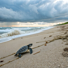 A small sea turtle hatchling crawling on a sandy beach towards the ocean under a cloudy sky view