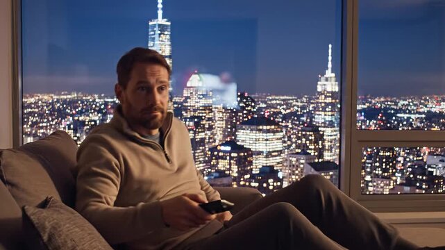 Adult man bored and channel surfing on a couch in a high‑rise apartment at night, aiming a remote at a smart TV 