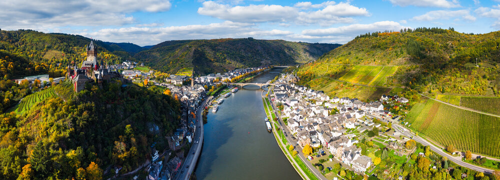 Aerial view of Cochem town with Reichsburg castle at the moselle river in Germany. Europe