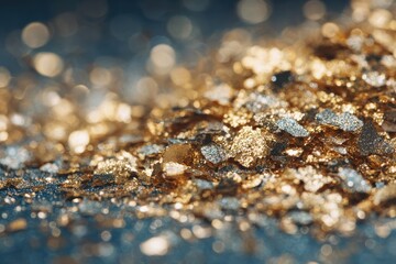 Sparkling gold and silver particles shimmering against dark backdrop, varying shapes and sizes create a dazzling effect, rich hues evoke luxury and celebration for elegant design themes