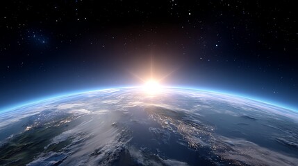 Obraz premium Sunrise from Space: A stunning view of Earth from space, with the sun rising over the horizon, casting a warm glow and illuminating the atmosphere and stars.