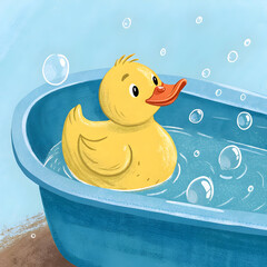 A yellow rubber ducky floating in a blue bathtub filled with water and bubbles illustration art
