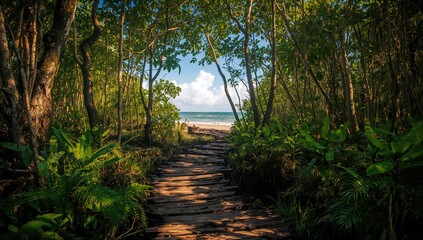 Wooden Trail Through Dense Mangrove