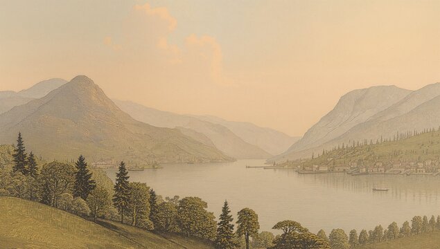 An 1842 depiction of a northern Italian lake by W. L. Leitch and S. Fisher, released by Luigi Bardi in Florence.