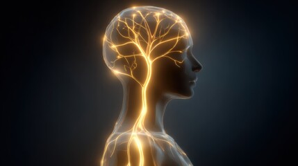 Obraz premium Human Silhouette with Glowing Neural Tree Structure Representing Connection and Intelligence in Dark Background