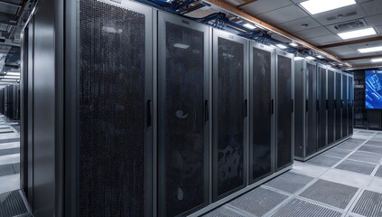 Racks positioned on an elevated floor inside the data center.