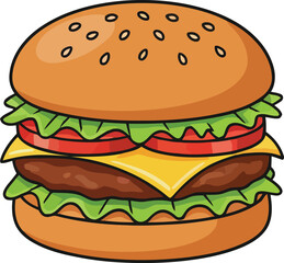Cartoon Double Cheeseburger with Lettuce and Tomato on a Sesame Seed Bun