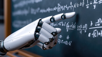 Robotic hand pointing to floating math formulas over digital blackboard, AI teaching assistance concept, clean white background