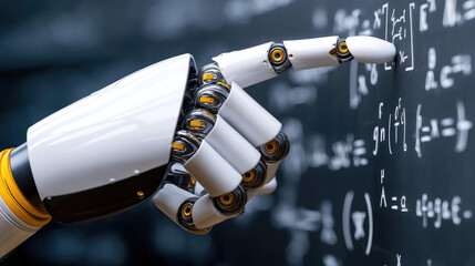 Robotic hand pointing to floating math formulas over digital blackboard, AI teaching assistance concept, clean white background