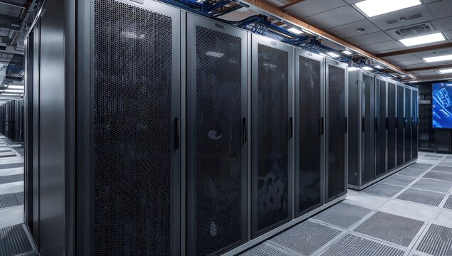 Racks positioned on an elevated floor inside the data center.