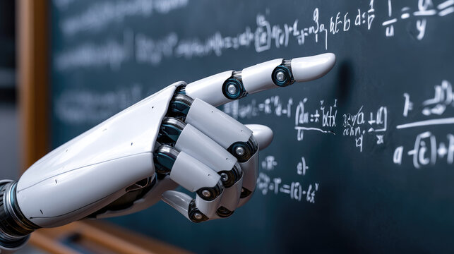 Robotic hand pointing to floating math formulas over digital blackboard, AI teaching assistance concept, clean white background