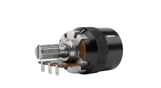 Potentiometer Electronic Component with Metal Shaft and Pins.