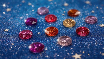 Glittering gemstones and stars on a sparkling backdrop, ideal for decorative use