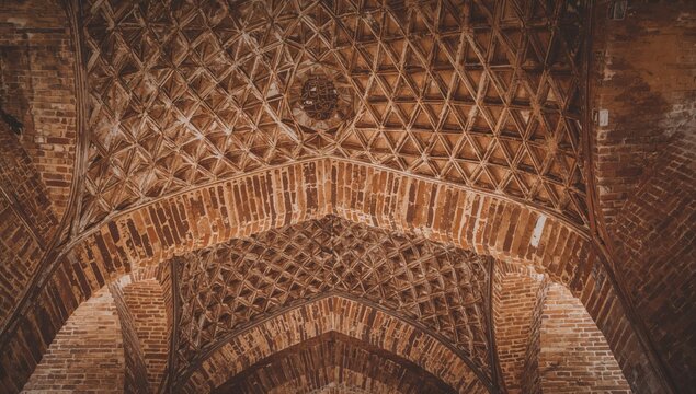 Geometric brick architecture of a traditional bazaar roof, showcasing the effects of aging and preservation