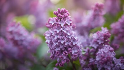 Fototapeta premium Delicate purple and white blossoms captured with a dreamy, soft-focus spring backdrop.