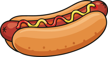 Cartoon Hot Dog with Mustard and Ketchup on a White Background