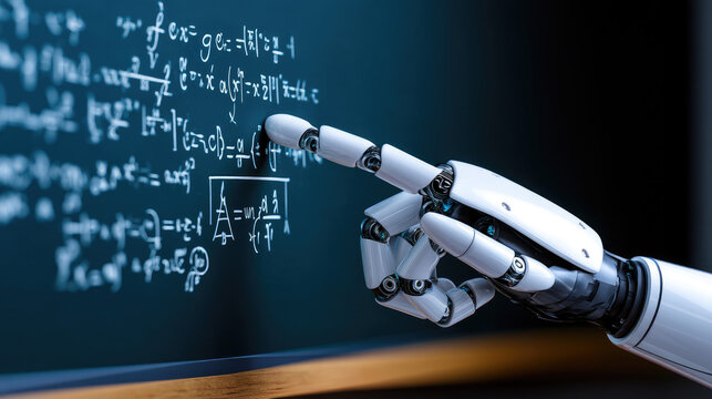 Robotic hand pointing to floating math formulas over digital blackboard, AI teaching assistance concept, clean white background