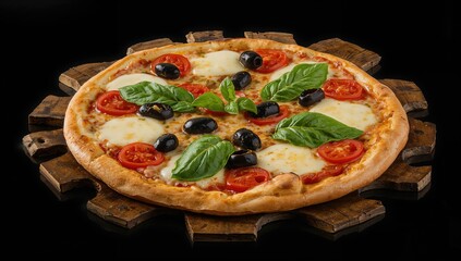 Freshly baked pizza topped with mozzarella cheese, black olives, cherry tomatoes and basil, fiber-dense choice