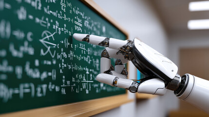 Robotic hand pointing to floating math formulas over digital blackboard, AI teaching assistance concept, clean white background