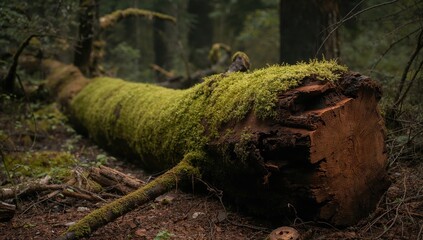 Fototapeta premium Fallen tree trunk covered in moss, erosion risk