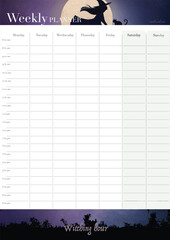 Printable, halloween witch-themed weekly planner design, a5 paper size, vector design