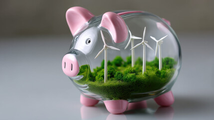 A transparent piggy bank filled with miniature wind turbines, sustainable investment metaphor, high-key bright composition
