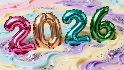 Metallic balloon numbers "2026" on colorful pastel background with glitter, celebrating New Year or festive occasion