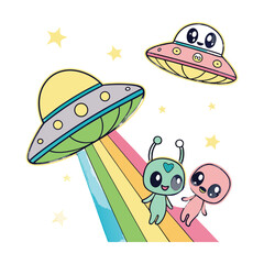 Cute aliens and flying saucers beam down earth with rainbows and stars isolated on transparent background