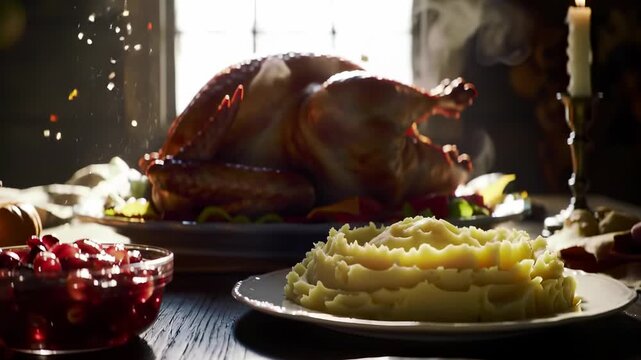 Thanksgiving blessed family feast: a golden roasted turkey, steaming mashed potatoes, vibrant cranberry sauce, and warm candlelight glow adorn a rustic autumn home table.