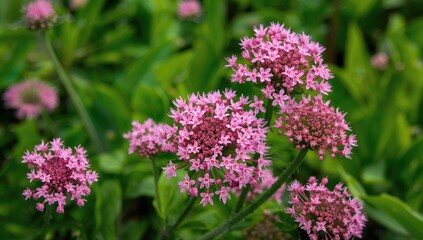 Obraz premium Close-up views of delicate pink Astrantia blossoms against a vibrant green backdrop