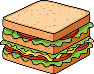 Cartoon Double Decker Sandwich with Lettuce Tomato and Mustard Illustration
