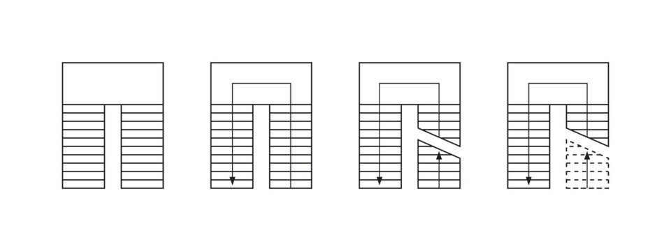 Set of stairs icons with arrows for floor plan draft. Staircase symbols for interior design project. Elements for architecture cad program isolated on white background. Vector graphic illustration